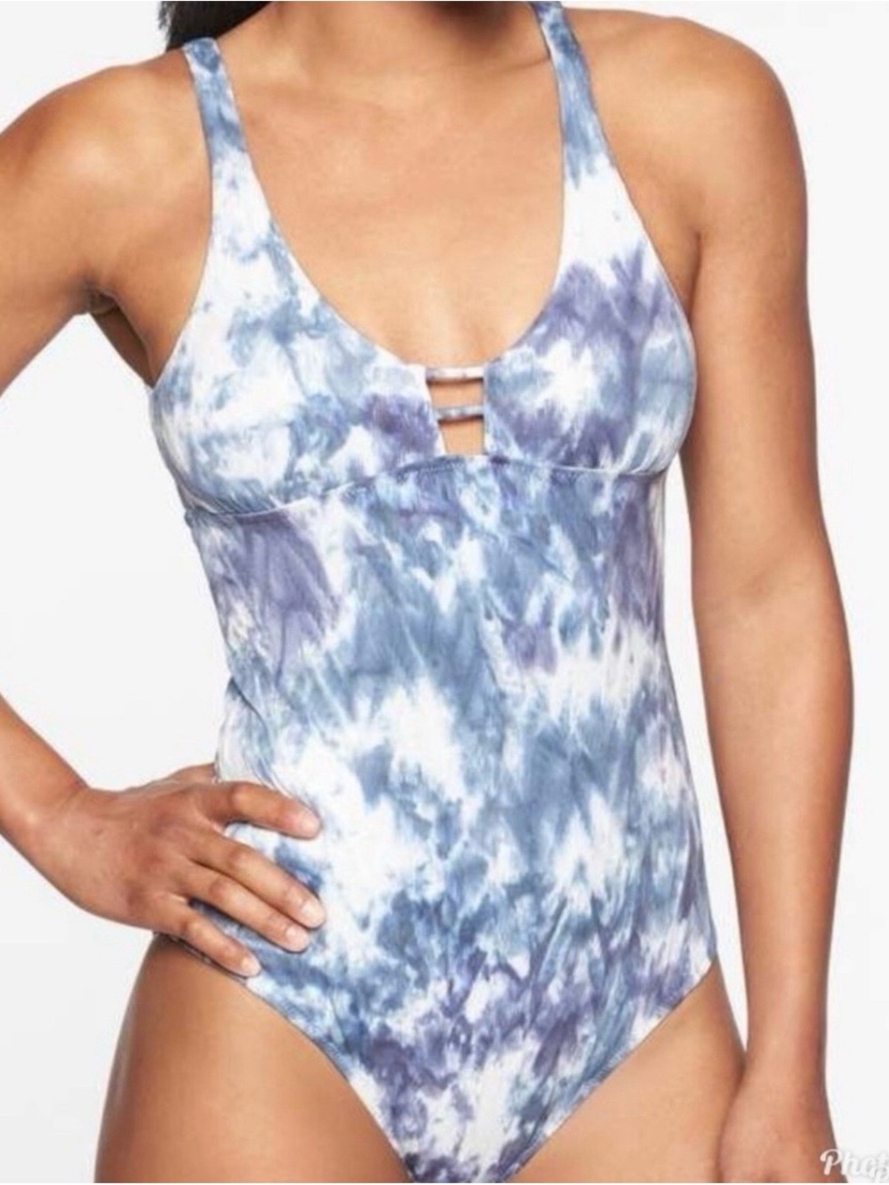 Athleta Tie Dye One Piece Swimsuit Gray White Plunge Keyhole Size Medium